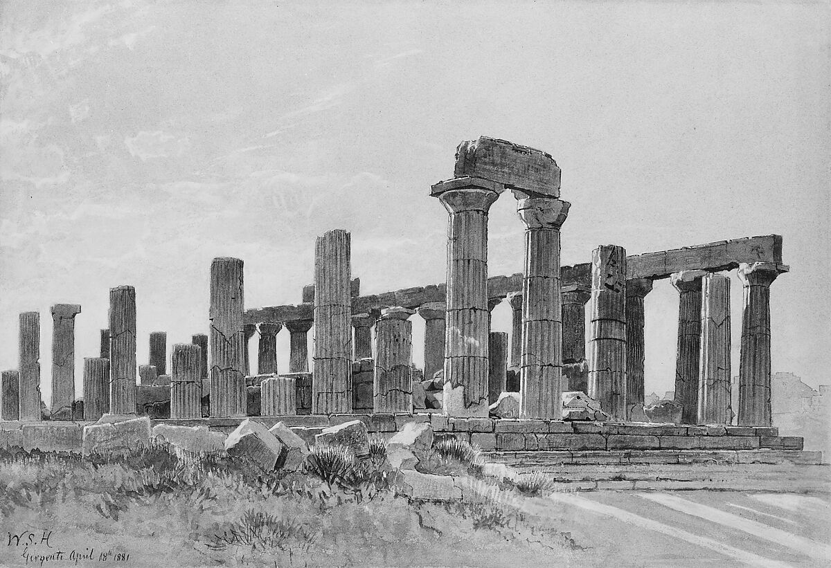 Girgenti (The Temple of Juno Lacinia at Agrigentum), William Stanley Haseltine (American, Philadelphia, Pennsylvania 1835–1900 Rome), Watercolor, gouache, and graphite on blue paper, American
