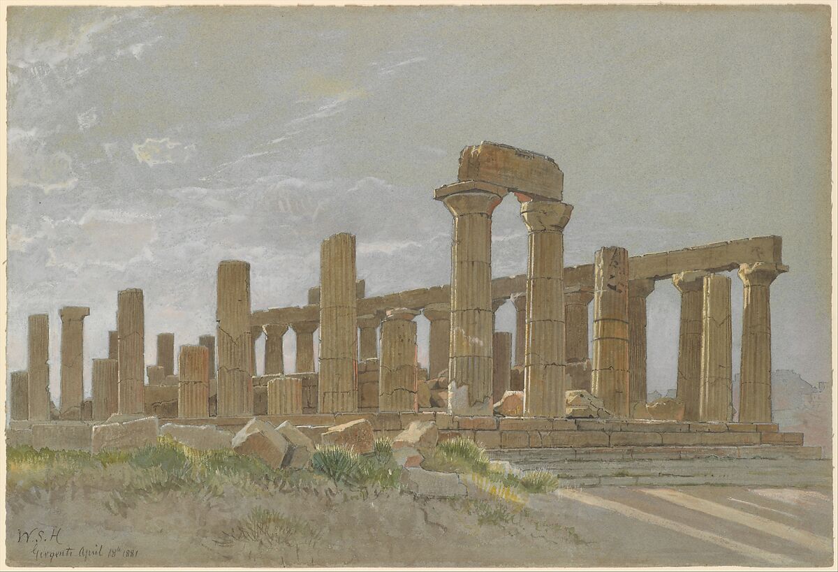 Girgenti (The Temple of Juno Lacinia at Agrigentum), William Stanley Haseltine (American, Philadelphia, Pennsylvania 1835–1900 Rome), Watercolor, gouache, and graphite on blue paper, American 