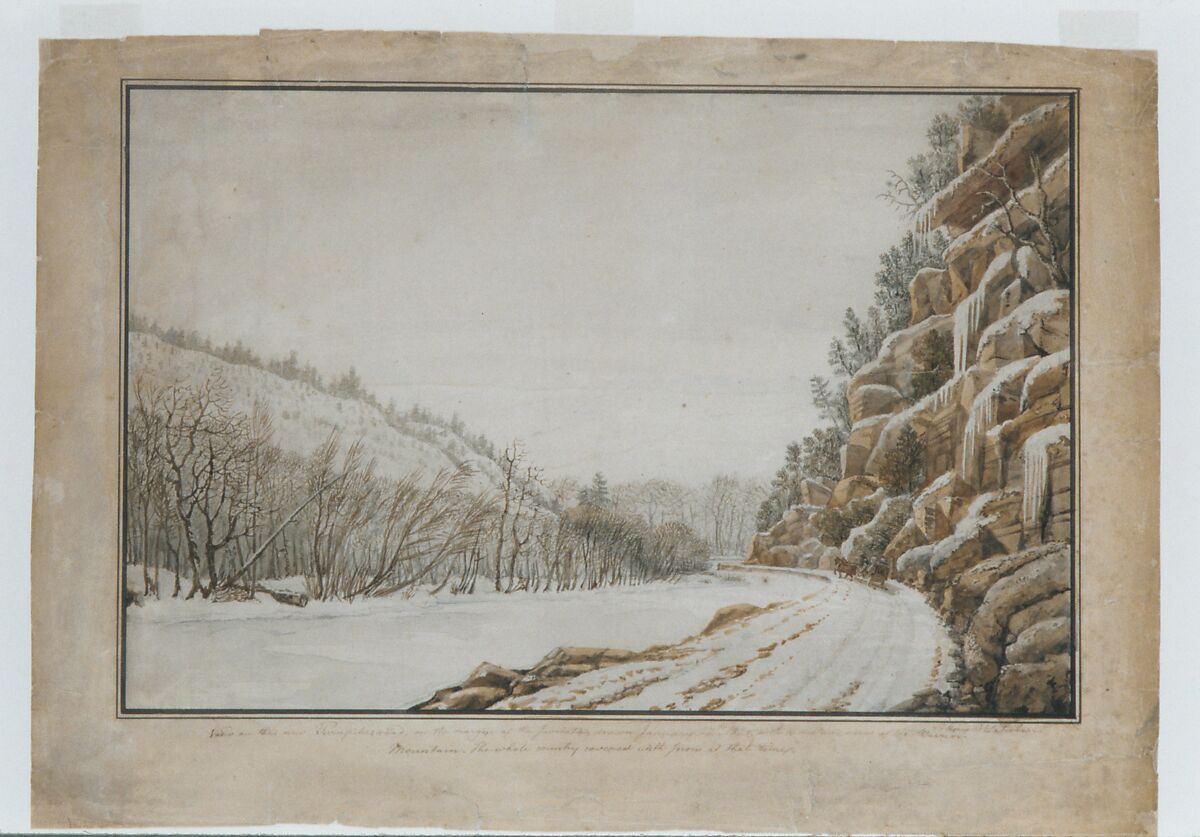 View on the New Turnpike Road, on the Margin of the Juniata, with a Distant View of the Warrior Mountain, Benjamin Henry Latrobe (American (born England), Fulneck, Yorkshire 1764–1820 New Orleans, Louisiana), Watercolor, graphite, brown ink, and sgraffito on off-white wove paper, American