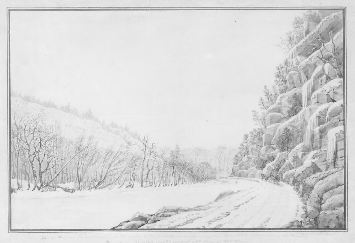 View on the New Turnpike Road, on the Margin of the Juniata, with a Distant View of the Warrior Mountain, Benjamin Henry Latrobe (American (born England), Fulneck, Yorkshire 1764–1820 New Orleans, Louisiana), Watercolor, graphite, brown ink, and sgraffito on off-white wove paper, American