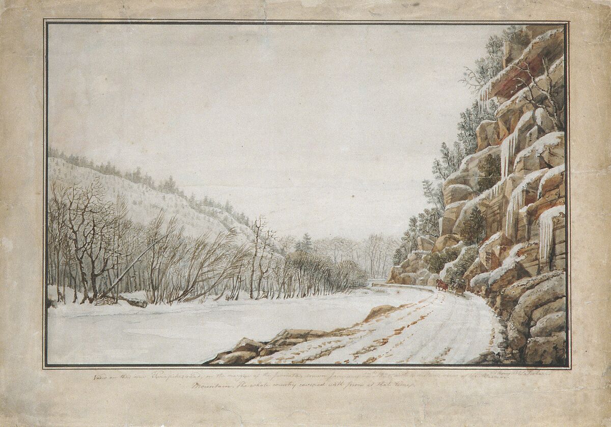 View on the New Turnpike Road, on the Margin of the Juniata, with a Distant View of the Warrior Mountain, Benjamin Henry Latrobe (American (born England), Fulneck, Yorkshire 1764–1820 New Orleans, Louisiana), Watercolor, graphite, brown ink, and sgraffito on off-white wove paper, American 