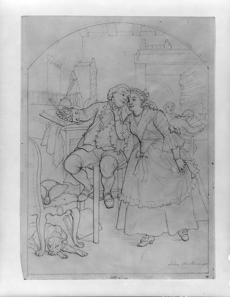 Illustration to William Cowper's Poem "The Diverting History of John Gilpin": John Gilpin and His Wife Pledge to Renew Their Wedding Vows, John Whetten Ehninger (American, New York 1827–1889 Saratoga Springs, New York), Graphite and gray ink on Bristol board, American