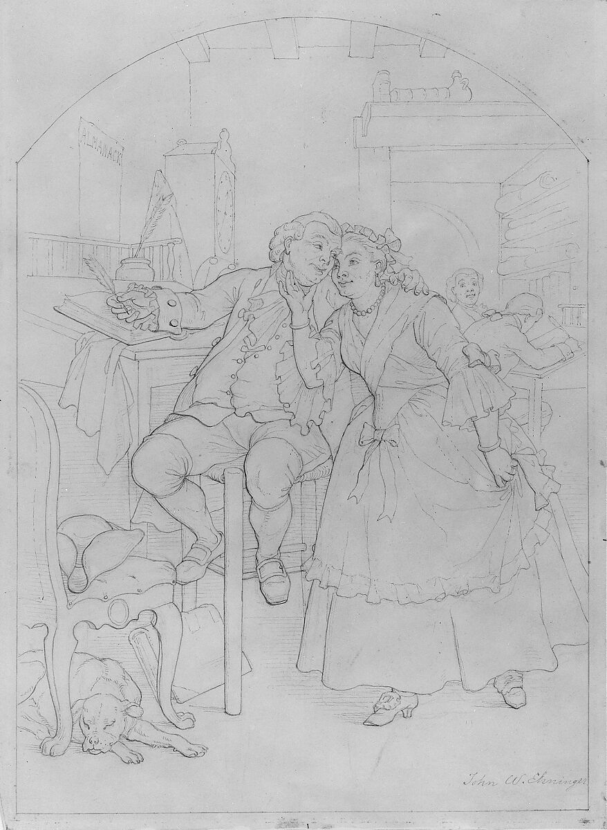 Illustration to William Cowper's Poem "The Diverting History of John Gilpin": John Gilpin and His Wife Pledge to Renew Their Wedding Vows, John Whetten Ehninger (American, New York 1827–1889 Saratoga Springs, New York), Graphite and gray ink on Bristol board, American 