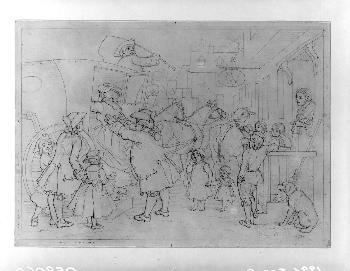 Illustration to William Cowper's Poem "The Diverting History of John Gilpin": John Gilpin Sends His Wife and Family before Him to the Church to Renew Their Wedding Vows, John Whetten Ehninger (American, New York 1827–1889 Saratoga Springs, New York), Graphite and gray ink on Bristol board, American