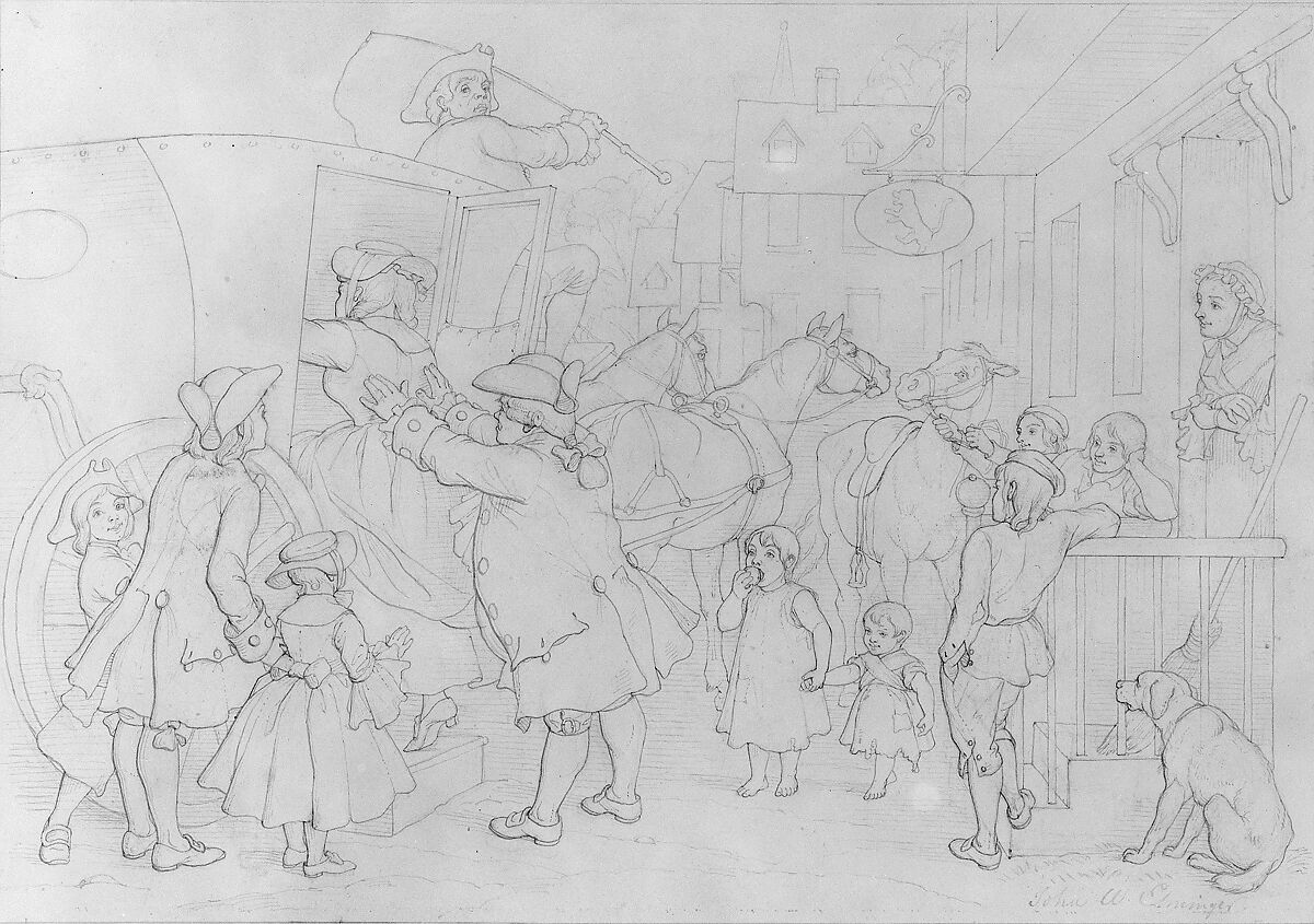 Illustration to William Cowper's Poem "The Diverting History of John Gilpin": John Gilpin Sends His Wife and Family before Him to the Church to Renew Their Wedding Vows, John Whetten Ehninger (American, New York 1827–1889 Saratoga Springs, New York), Graphite and gray ink on Bristol board, American 