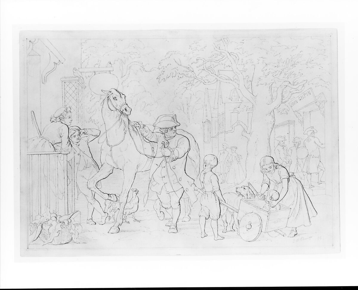Illustration to William Cowper's Poem "The Diverting History of John Gilpin": John Gilpin Is Delayed Going to Church by Three Customers Entering His Linendraper's Shop, John Whetten Ehninger (American, New York 1827–1889 Saratoga Springs, New York), Graphite and gray ink on Bristol board, American