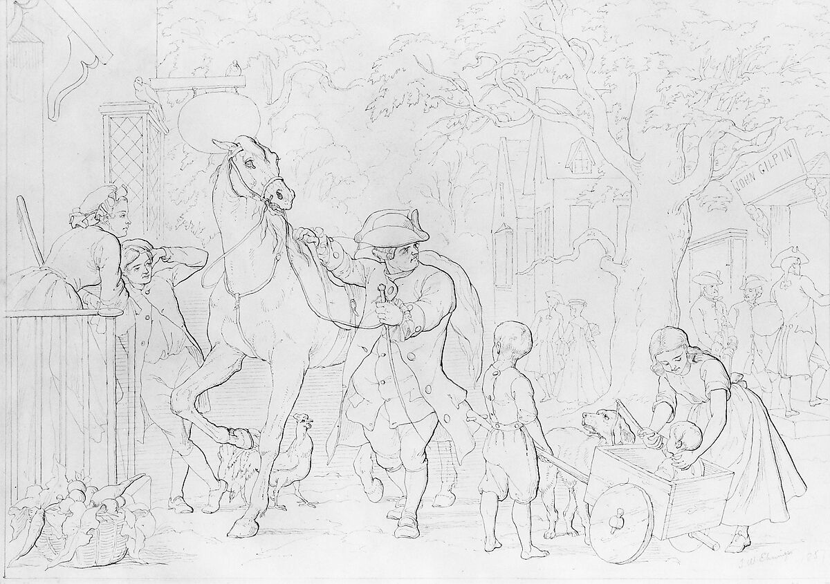 Illustration to William Cowper's Poem "The Diverting History of John Gilpin": John Gilpin Is Delayed Going to Church by Three Customers Entering His Linendraper's Shop, John Whetten Ehninger (American, New York 1827–1889 Saratoga Springs, New York), Graphite and gray ink on Bristol board, American 