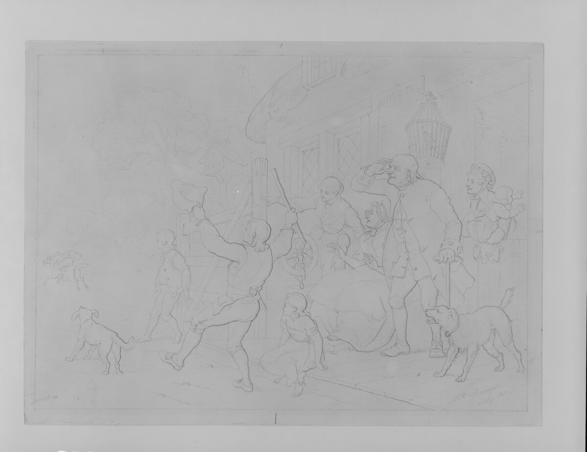 Illustration to William Cowper's Poem "The Diverting History of John Gilpin": John Gilpin's Neighbors Cheer His Speedy Departure from Town as His Horse Runs Away with Him, John Whetten Ehninger (American, New York 1827–1889 Saratoga Springs, New York), Graphite and gray ink on Bristol board, American