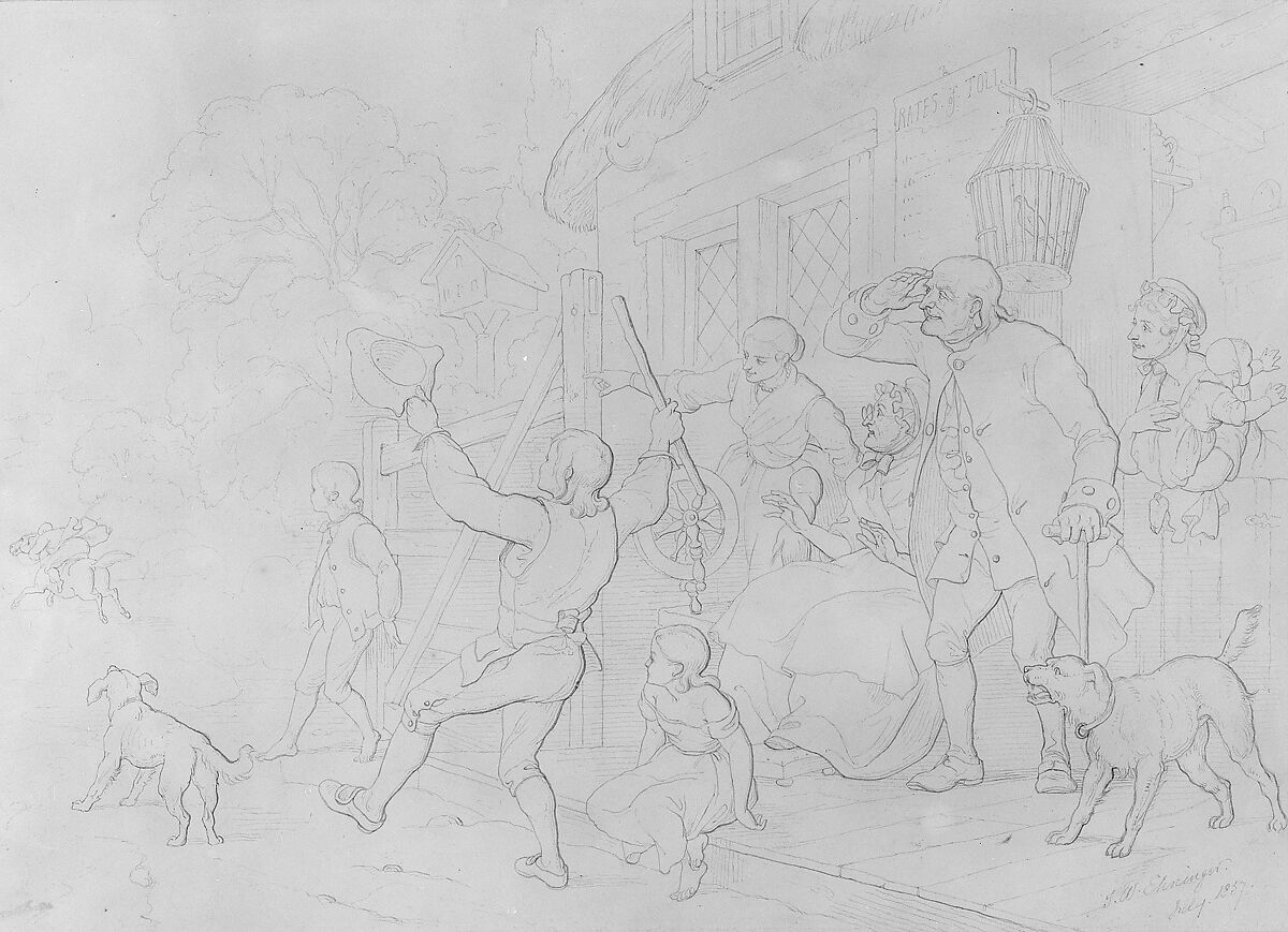 Illustration to William Cowper's Poem "The Diverting History of John Gilpin": John Gilpin's Neighbors Cheer His Speedy Departure from Town as His Horse Runs Away with Him, John Whetten Ehninger (American, New York 1827–1889 Saratoga Springs, New York), Graphite and gray ink on Bristol board, American 