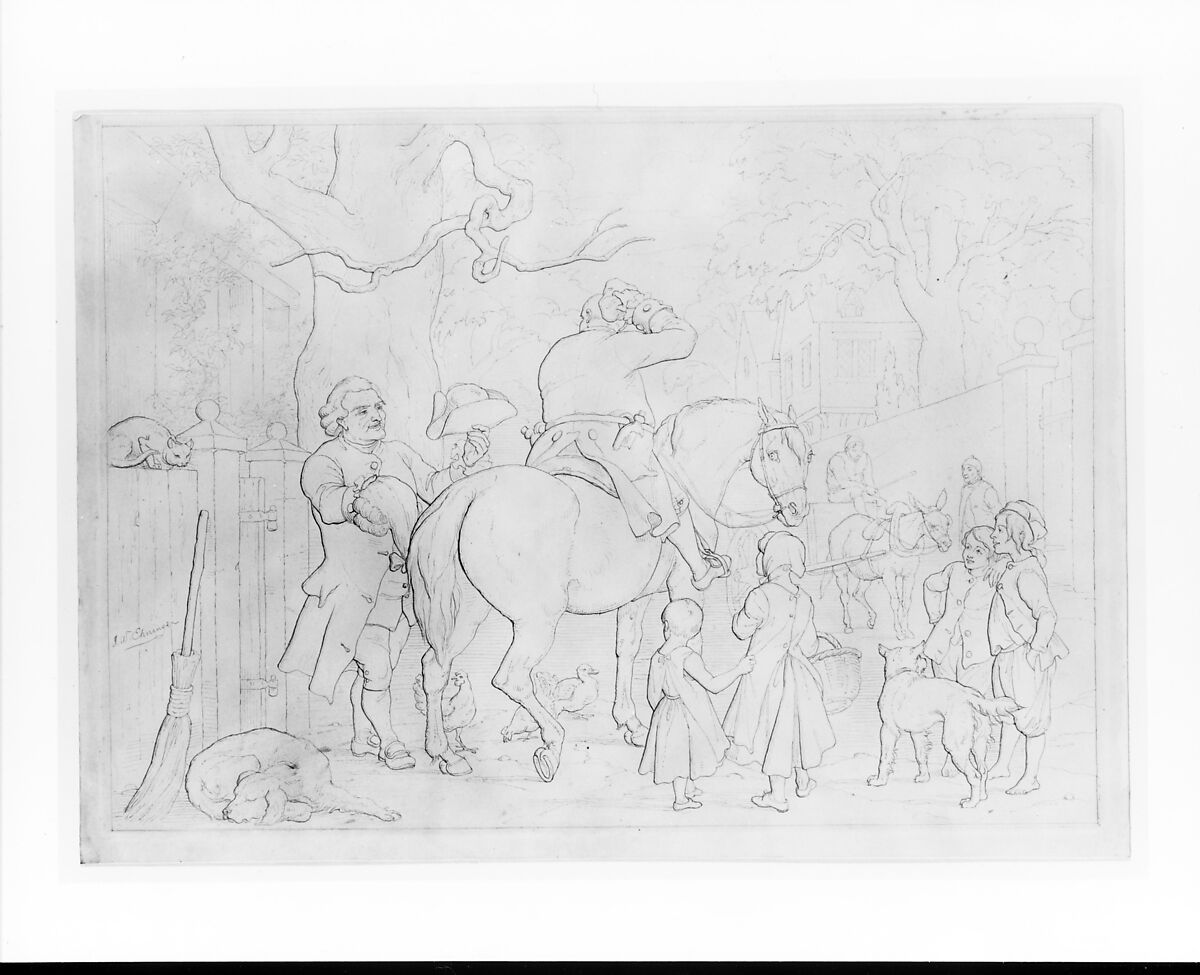 Illustration to William Cowper's Poem "The Diverting History of John Gilpin": The Calenderer of Ware Offers John Gilpin His Hat and Periwig, John Whetten Ehninger (American, New York 1827–1889 Saratoga Springs, New York), Graphite and gray ink on Bristol board, American