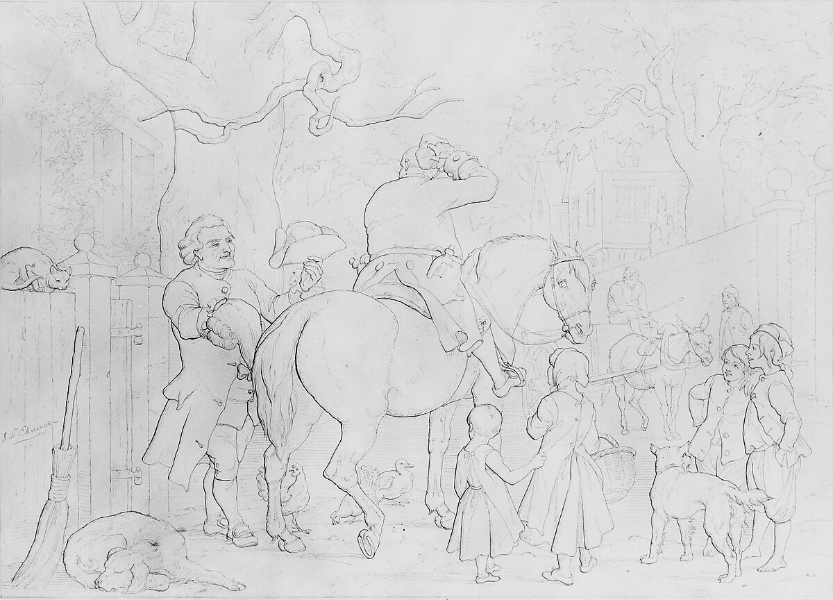Illustration to William Cowper's Poem "The Diverting History of John Gilpin": The Calenderer of Ware Offers John Gilpin His Hat and Periwig, John Whetten Ehninger (American, New York 1827–1889 Saratoga Springs, New York), Graphite and gray ink on Bristol board, American 