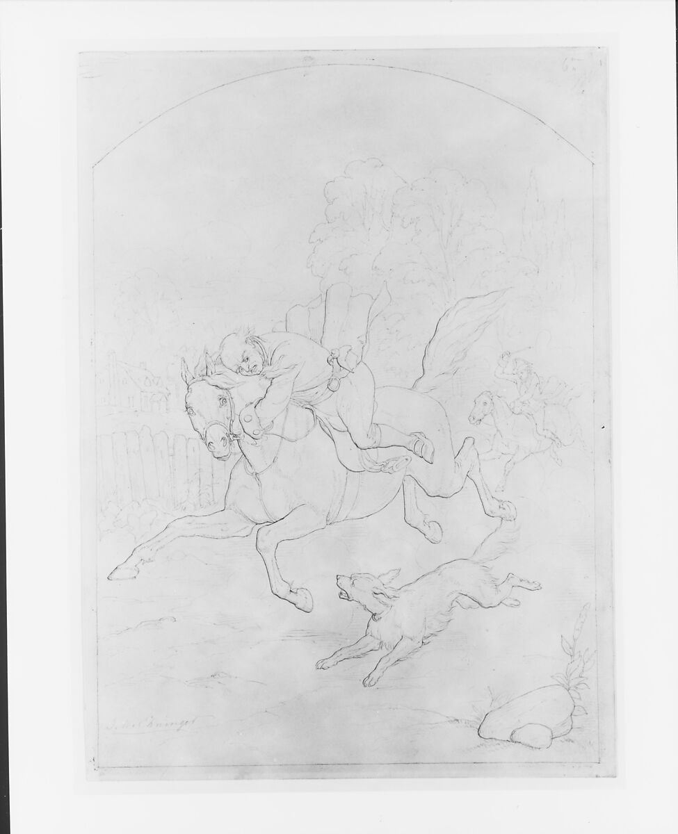 Illustration to William Cowper's Poem "The Diverting History of John Gilpin": John Gilpin on His Horse Stampeding Back to London, John Whetten Ehninger (American, New York 1827–1889 Saratoga Springs, New York), Graphite and gray ink on Bristol board, American