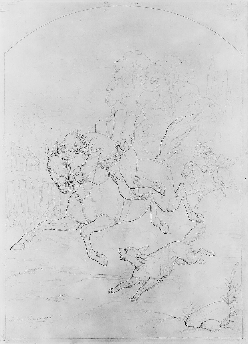 Illustration to William Cowper's Poem "The Diverting History of John Gilpin": John Gilpin on His Horse Stampeding Back to London, John Whetten Ehninger (American, New York 1827–1889 Saratoga Springs, New York), Graphite and gray ink on Bristol board, American 