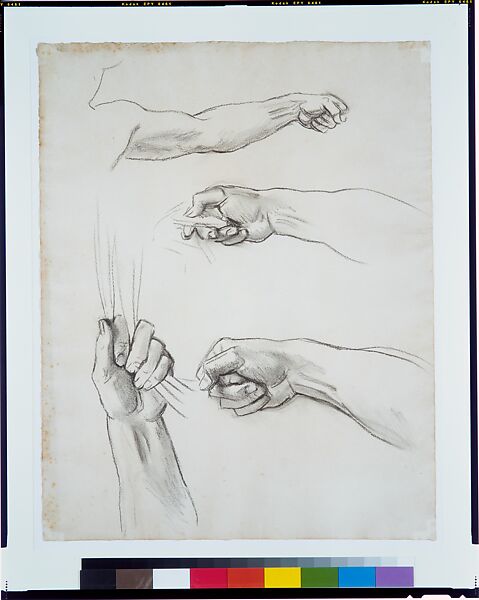 Hands, Study for "Apollo in His Chariot with the Hours", John Singer Sargent (American, Florence 1856–1925 London), Charcoal on off-white wove paper, American