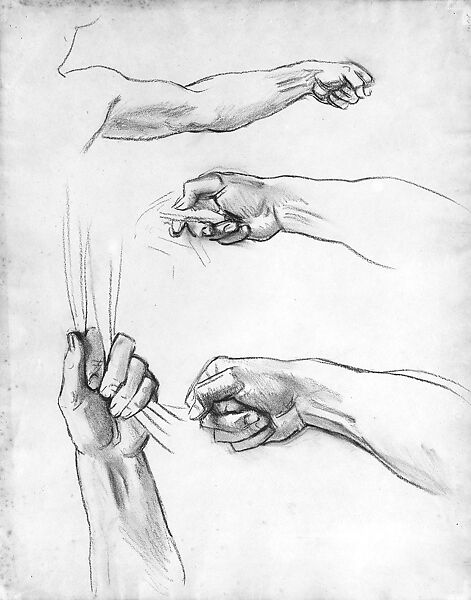 Hands, Study for "Apollo in His Chariot with the Hours", John Singer Sargent (American, Florence 1856–1925 London), Charcoal on off-white wove paper, American