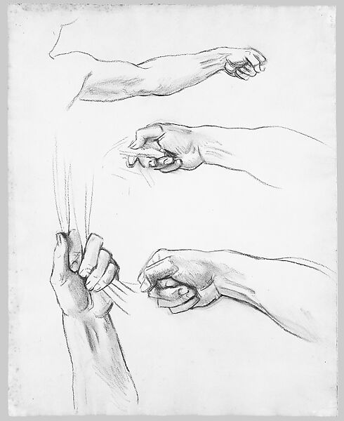 Hands, Study for "Apollo in His Chariot with the Hours", John Singer Sargent (American, Florence 1856–1925 London), Charcoal on off-white wove paper, American 