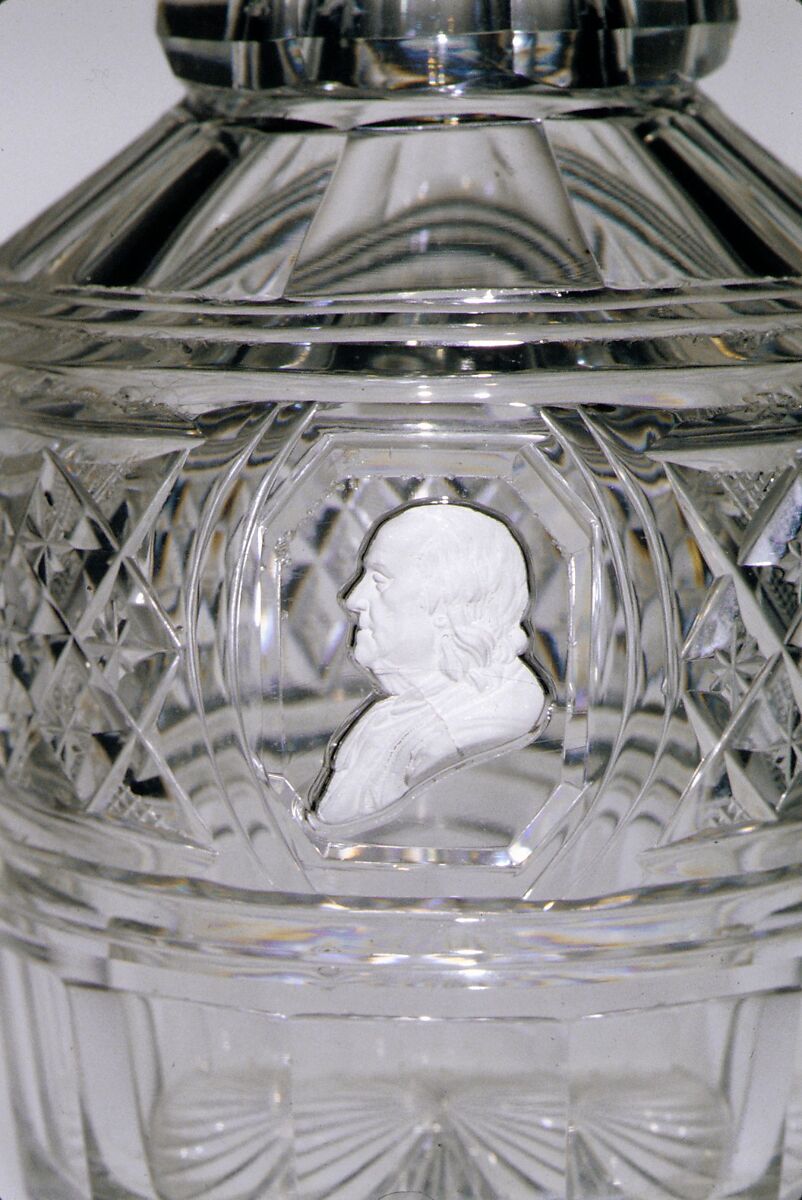 Decanter, Bakewell, Page &amp; Bakewell (1808–1882), Blown and cut glass; clay cameo, American
