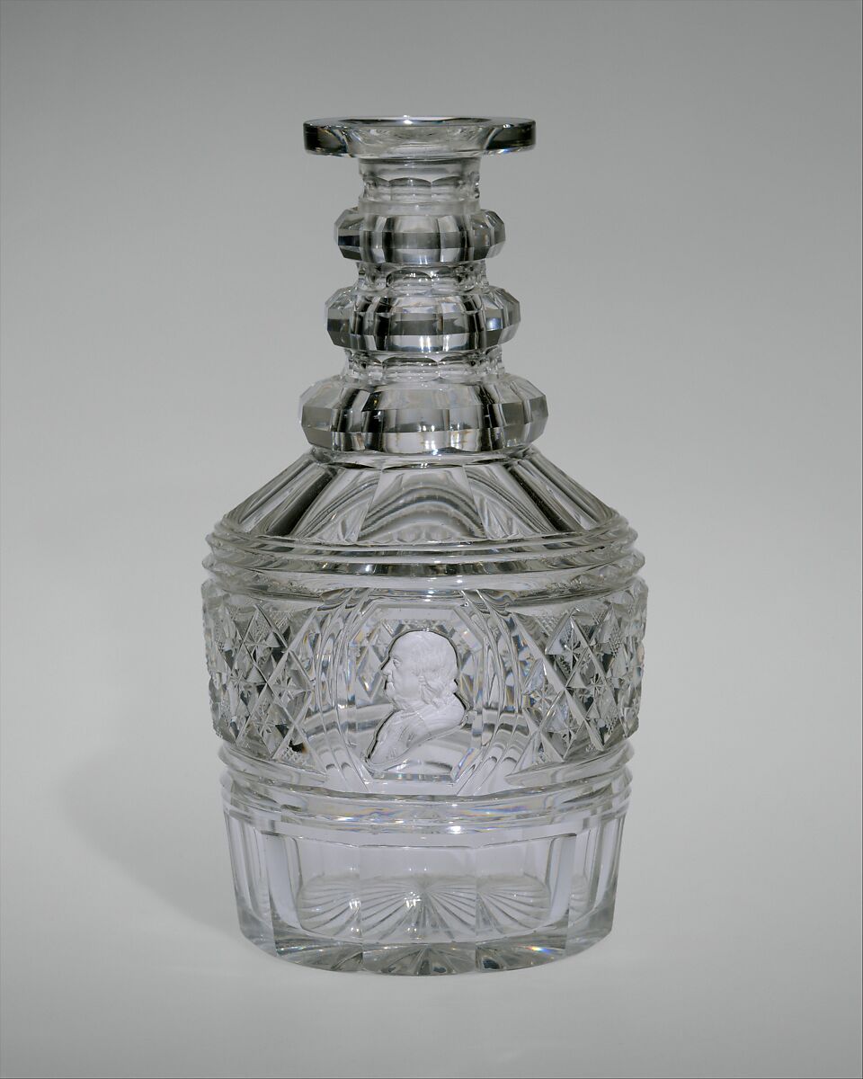 Decanter, Bakewell, Page &amp; Bakewell (1808–1882), Blown and cut glass; clay cameo, American 
