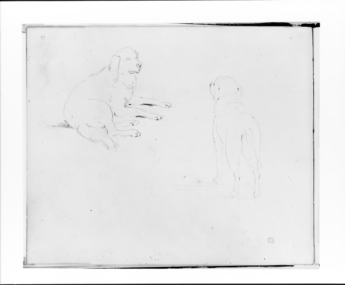 Two Studies of a Dog: Lying Down and Rear View Standing (from Sketchbook), Francis William Edmonds (American, Hudson, New York 1806–1863 Bronxville, New York), Graphite on off-white wove paper, American 