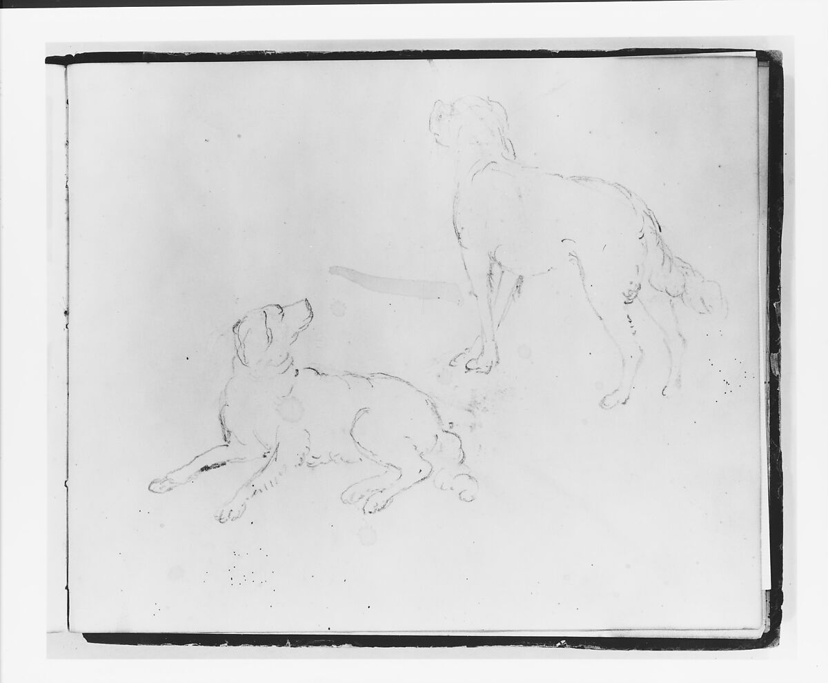 Two Studies of a Dog: Lying Down and Three Quarter Rear View Standing (from Sketchbook), Francis William Edmonds (American, Hudson, New York 1806–1863 Bronxville, New York), Graphite on, off-white wove paper, American 