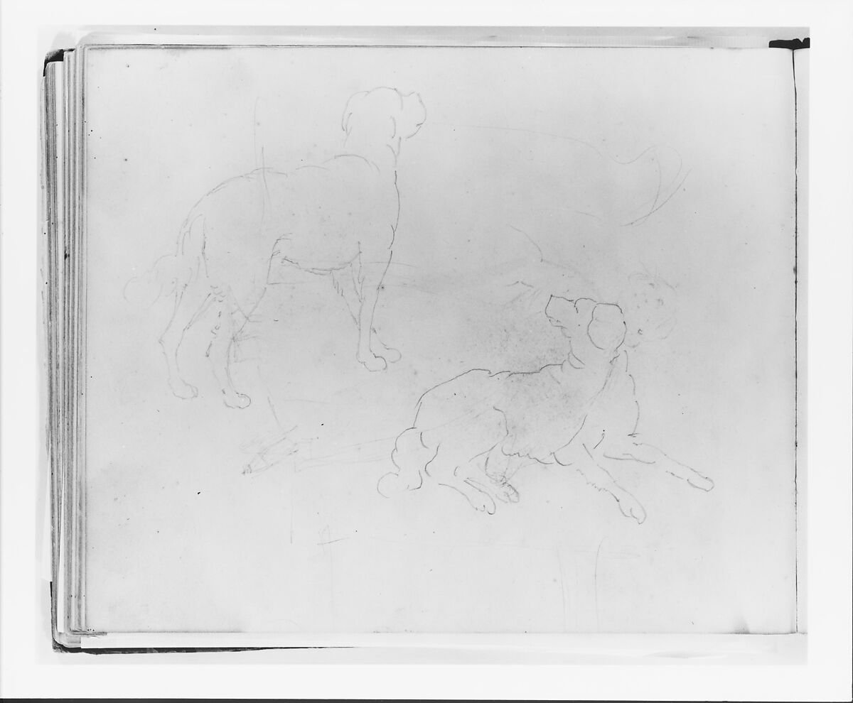 Two Studies of a Dog: Three Quarter Rear View Standing; Lying Down (from Sketchbook), Francis William Edmonds (American, Hudson, New York 1806–1863 Bronxville, New York), Graphite on off-white wove paper, American 