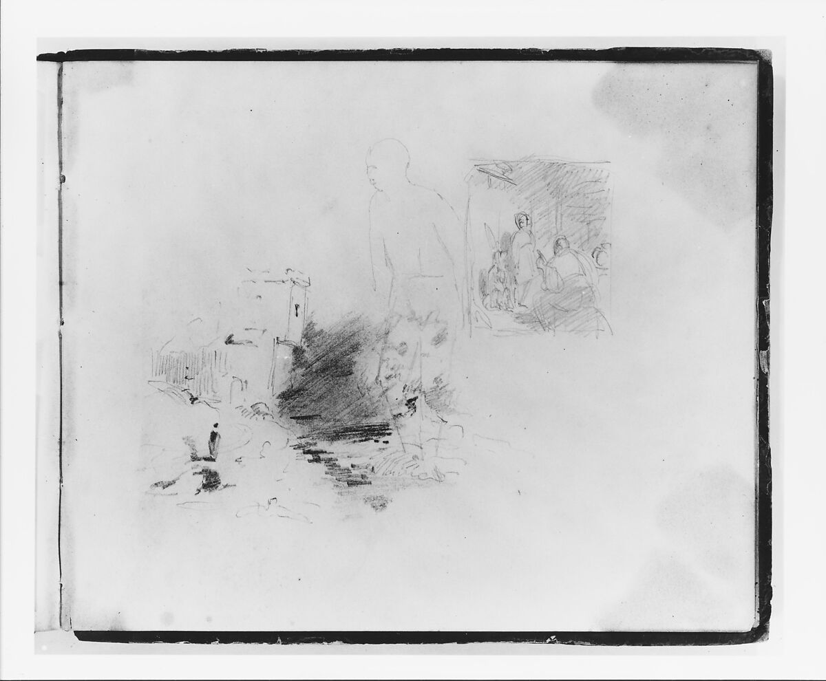 Three Studies: Standing Figure Facing Left; Interior with Two Figures and a Dog; Landscape (from Sketchbook), Francis William Edmonds (American, Hudson, New York 1806–1863 Bronxville, New York), Graphite on off-white wove paper, American 