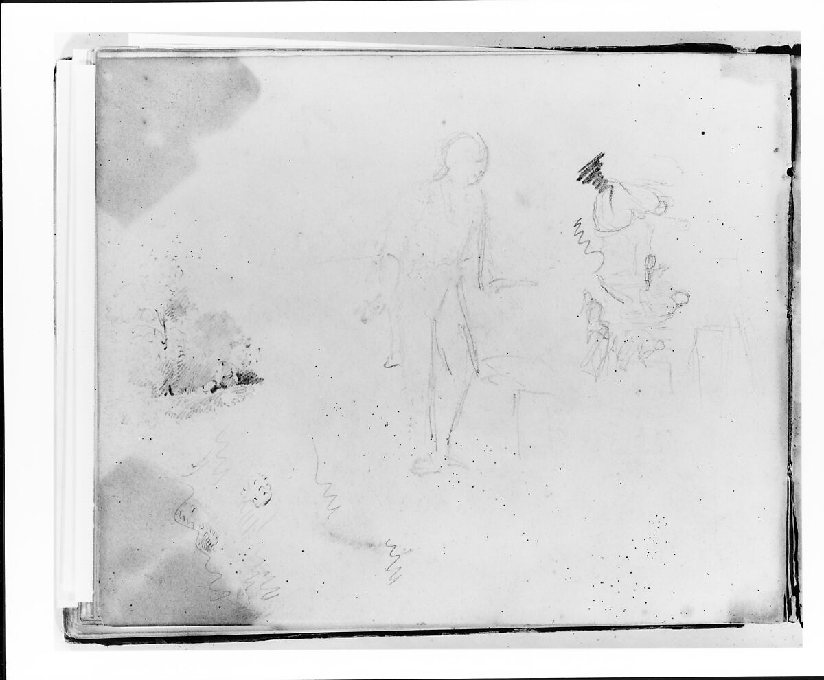 Three Studies: Standing Figure Facing Left; Interior with Figures and a Dog; Landscape (from Sketchbook), Francis William Edmonds (American, Hudson, New York 1806–1863 Bronxville, New York), Graphite on off-white wove paper, American 