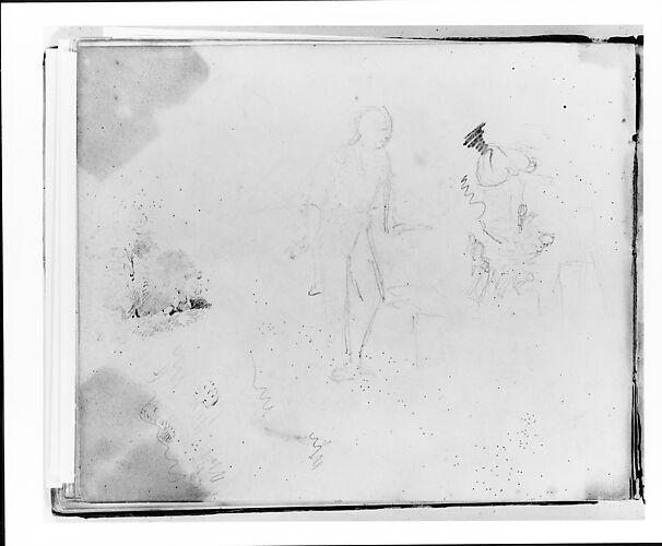 Three Studies: Standing Figure Facing Left; Interior with Figures and a Dog; Landscape (from Sketchbook)