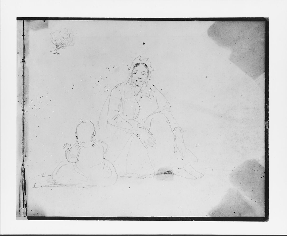 Mother and Baby; Sketch of a Tree (from Sketchbook), Francis William Edmonds (American, Hudson, New York 1806–1863 Bronxville, New York), Graphite on off-white wove paper mounted on inside of back sketchbook cover, American 