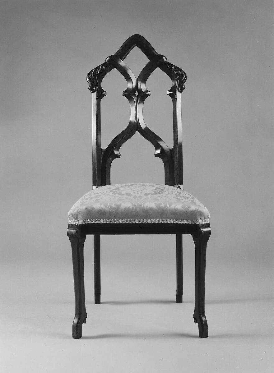 Side Chair, Designed by Alexander Jackson Davis (American, New York 1803–1892 West Orange, New Jersey), Black walnut, modern upholstery, American