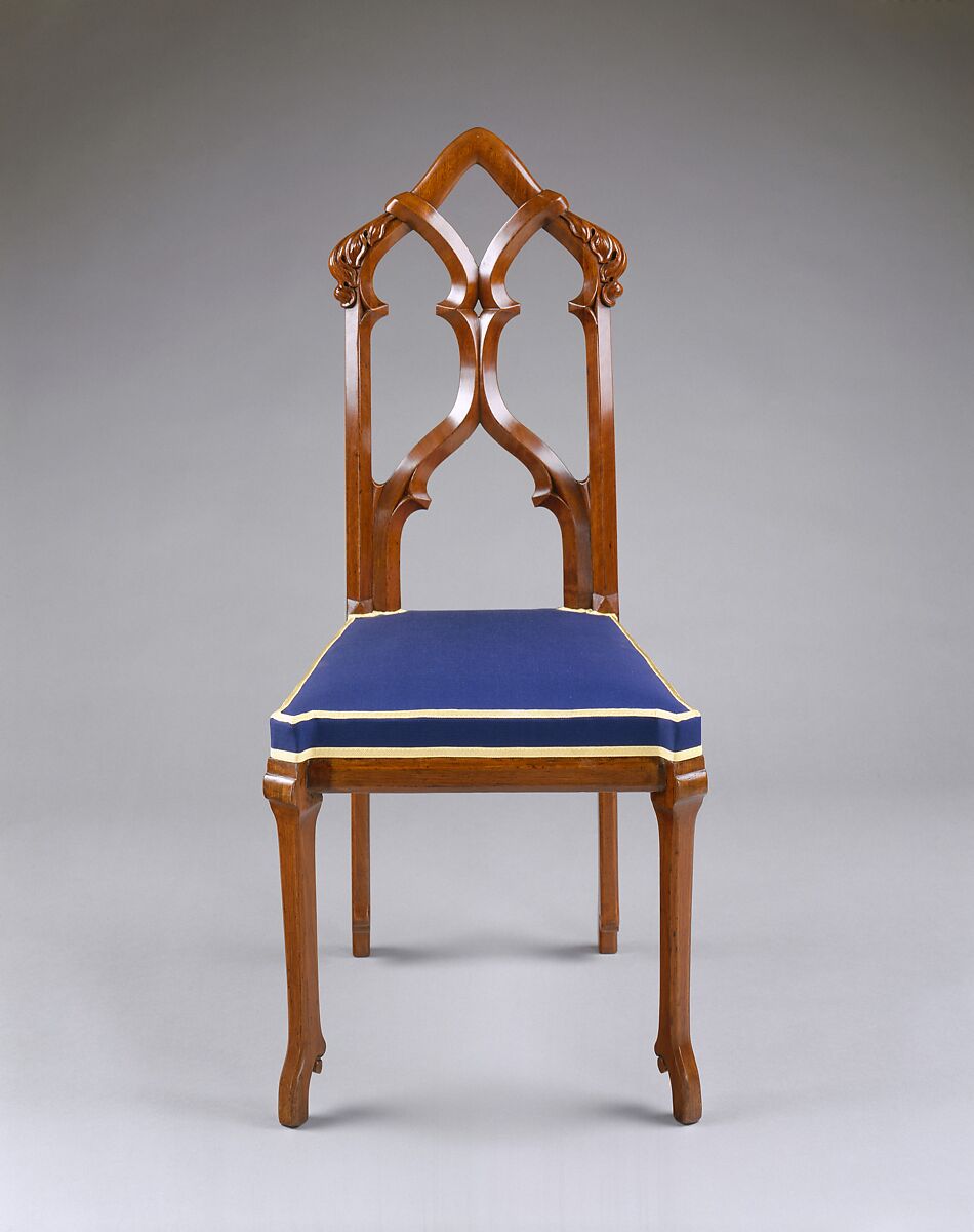 Side Chair, Designed by Alexander Jackson Davis (American, New York 1803–1892 West Orange, New Jersey), Black walnut, modern upholstery, American
