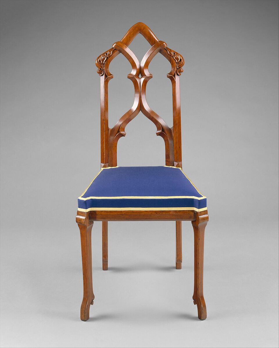 Side Chair, Designed by Alexander Jackson Davis (American, New York 1803–1892 West Orange, New Jersey), Black walnut, modern upholstery, American 