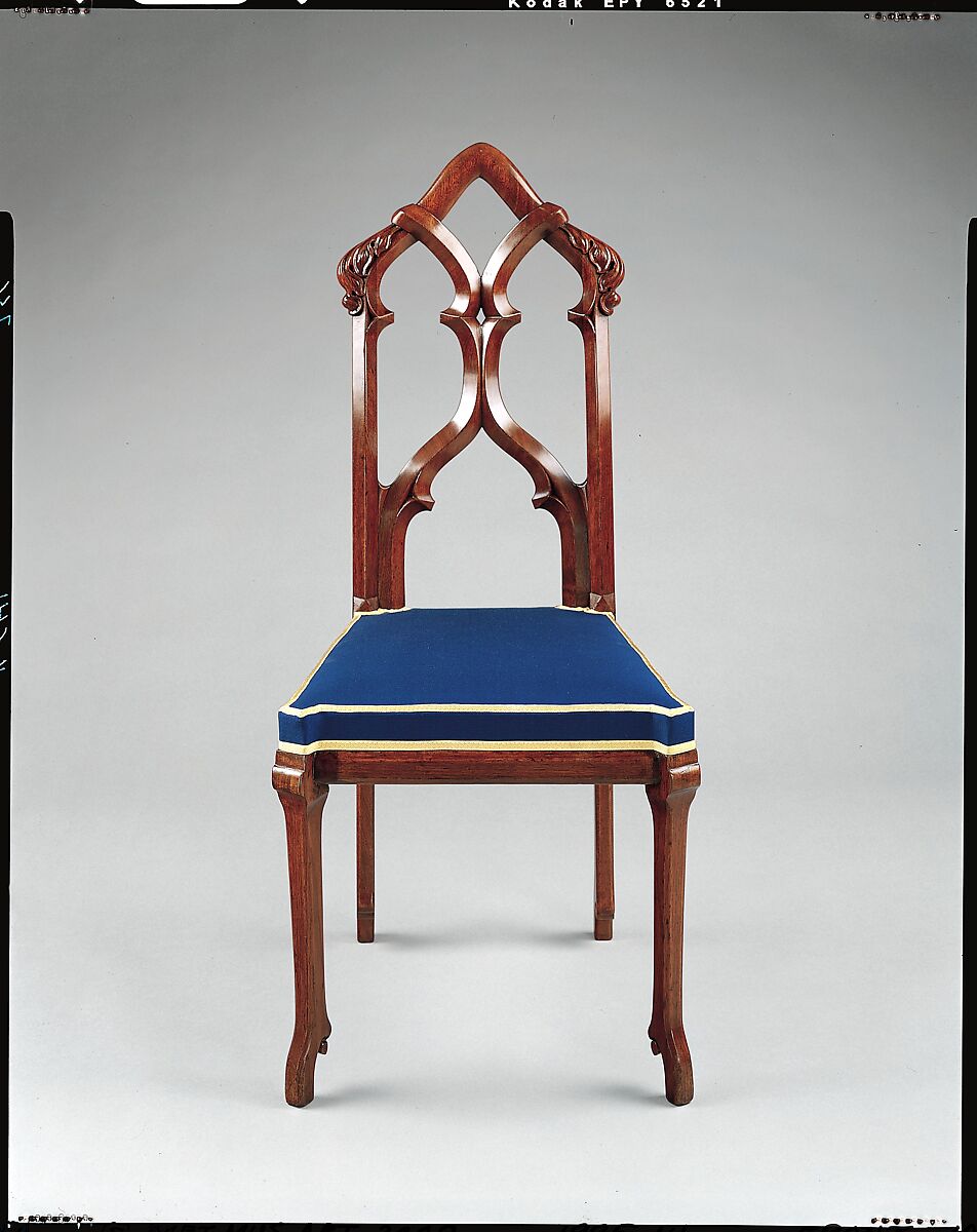 Side Chair, Designed by Alexander Jackson Davis (American, New York 1803–1892 West Orange, New Jersey), Black walnut, modern upholstery, American