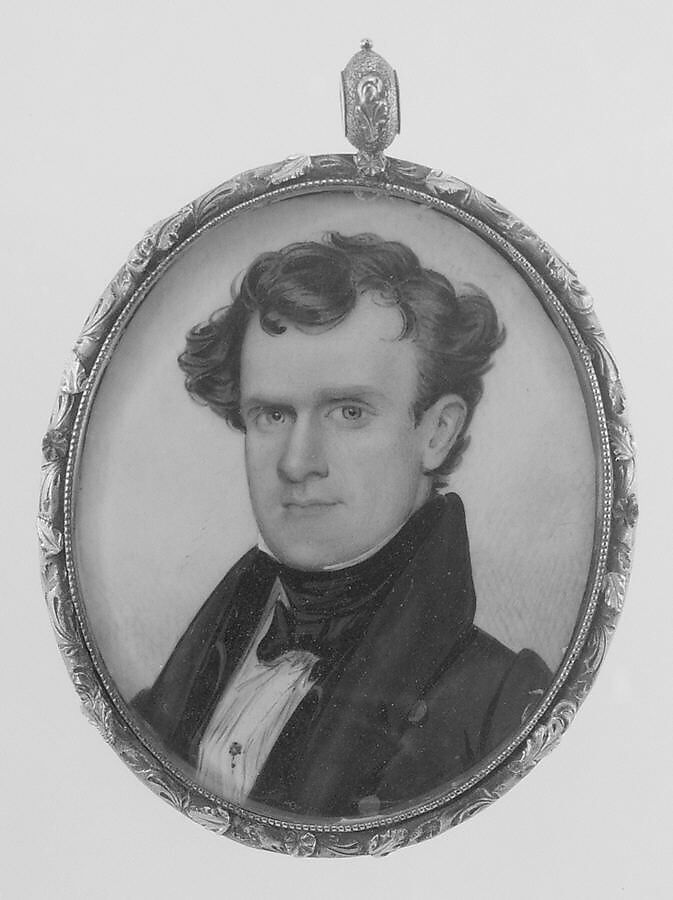 Portrait of a Gentleman, George Catlin (1796–1872), Watercolor on ivory in gilded copper locket; hair reserve verso, American 