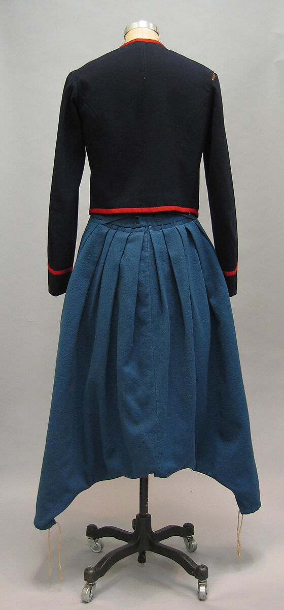 Ensemble, wool, cotton, leather, metal, American