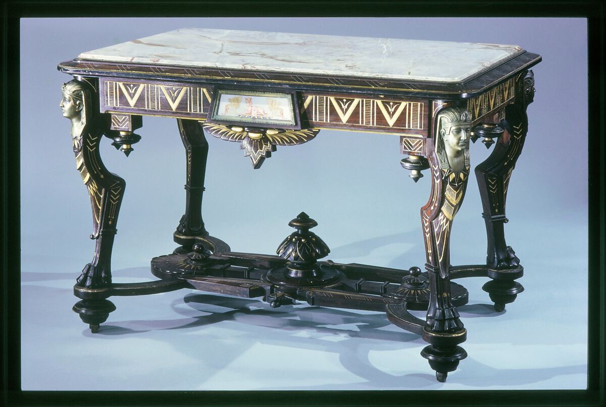 Center Table, Attributed to Pottier and Stymus Manufacturing Company (active ca. 1858–1918/19), Rosewood, walnut, gilding, marble, brass, glazed ceramic tile, American
