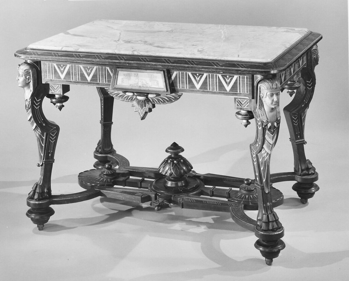 Center Table, Attributed to Pottier and Stymus Manufacturing Company (active ca. 1858–1918/19), Rosewood, walnut, gilding, marble, brass, glazed ceramic tile, American