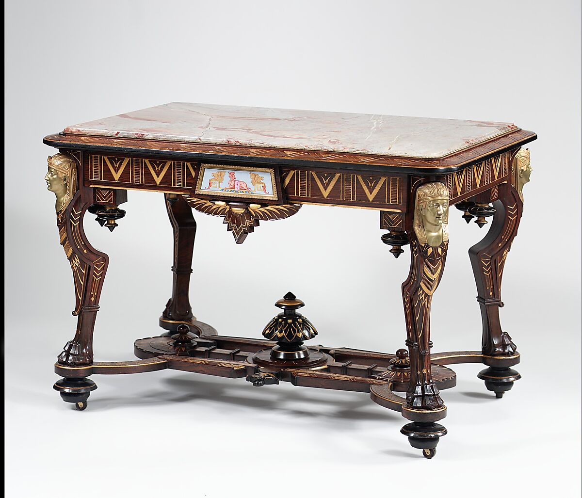 Center Table, Attributed to Pottier and Stymus Manufacturing Company (active ca. 1858–1918/19), Rosewood, walnut, gilding, marble, brass, glazed ceramic tile, American 