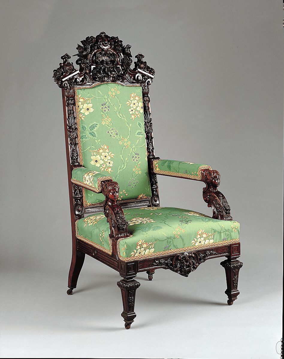 Armchair, Julius Dessoir (1801–1884), Rosewood, replacement showcovers, American 