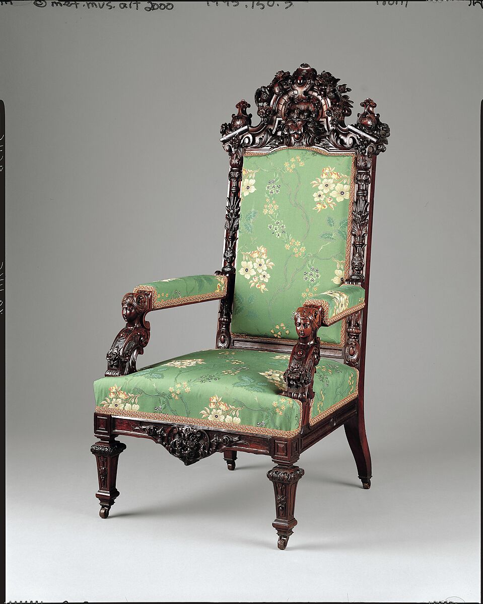 Armchair, Julius Dessoir (1801–1884), Rosewood, chestnut (secondary wood), modern upholstery with original underupholstery, American 