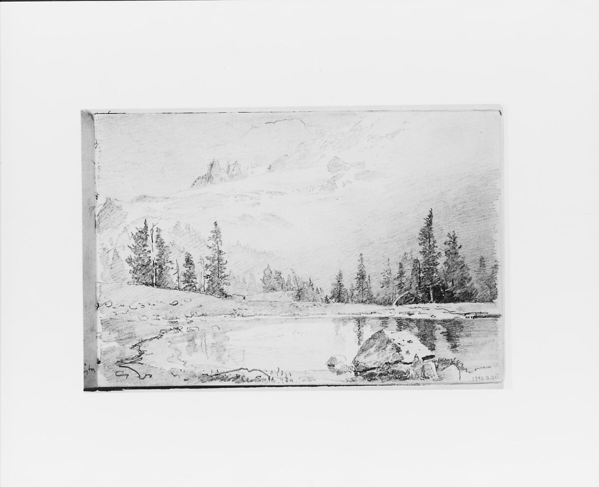 Mountain Landscape with Lake in Foreground [Mount Tacoma?] (from Sketchbook X), William Trost Richards (American, Philadelphia, Pennsylvania 1833–1905 Newport, Rhode Island), Graphite on off-white wove paper, American 