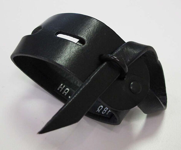 Ensemble, Helmut Lang (Austrian, born 1956), (a) silk, silk/synthetic; (b) cotton; (c, d) leather, rubber; (e) leather, metal, Austrian