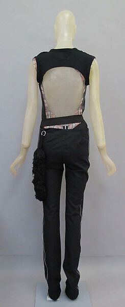 Ensemble, Helmut Lang (Austrian, born 1956), (a) cotton, synthetic; (b) cotton; (c) cotton, silver metal, synthetic; (d, e) leather, synthetic; (f) leather, sterling silver, Austrian