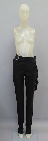 Ensemble, Helmut Lang (Austrian, born 1956), (a) cotton, synthetic; (b) cotton; (c) cotton, silver metal, synthetic; (d, e) leather, synthetic; (f) leather, sterling silver, Austrian