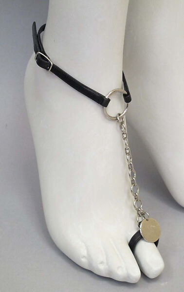 Ensemble, Helmut Lang (Austrian, born 1956), (a) cotton, synthetic; (b) cotton; (c) cotton, silver metal, synthetic; (d, e) leather, synthetic; (f) leather, sterling silver, Austrian