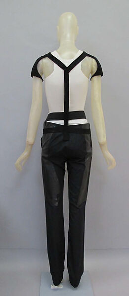 Ensemble, Helmut Lang (Austrian, born 1956), (a, b) synthetic fiber; (c) cotton, latex, metal; (d, e) leather, plastic; (f) plastic, metal, Austrian