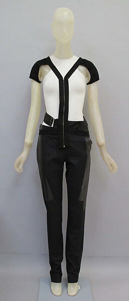 Ensemble, Helmut Lang (Austrian, born 1956), (a, b) synthetic fiber; (c) cotton, latex, metal; (d, e) leather, plastic; (f) plastic, metal, Austrian