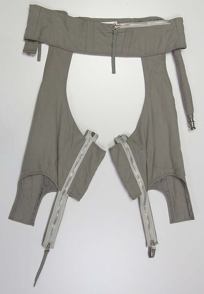 Ensemble, Helmut Lang (Austrian, born 1956), (a) cotton, synthetic; (b, c, d) wool; (e) synthetic; (f, g) leather, metal; (j) cotton, metal, Austrian