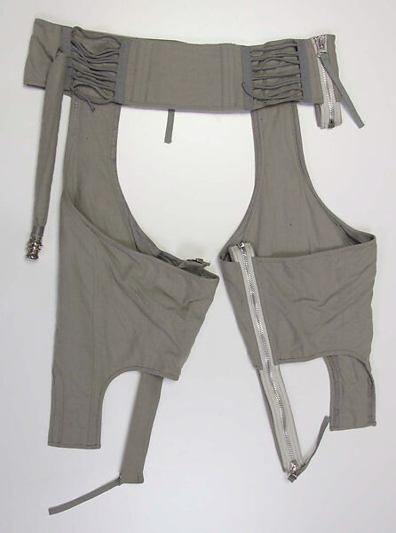 Ensemble, Helmut Lang (Austrian, born 1956), (a) cotton, synthetic; (b, c, d) wool; (e) synthetic; (f, g) leather, metal; (j) cotton, metal, Austrian