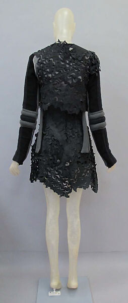 Ensemble, Helmut Lang (Austrian, born 1956), (a, b) leather, silk, synthetic; (c) wool, synthetic; (d, e) suede, Austrian
